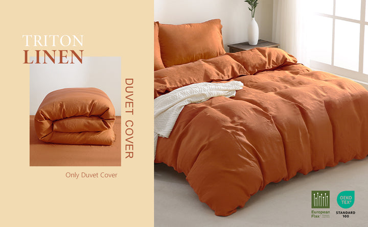 Rustic caramel linen duvet cover, perfect for farmhouse and bohemian bedroom decor.