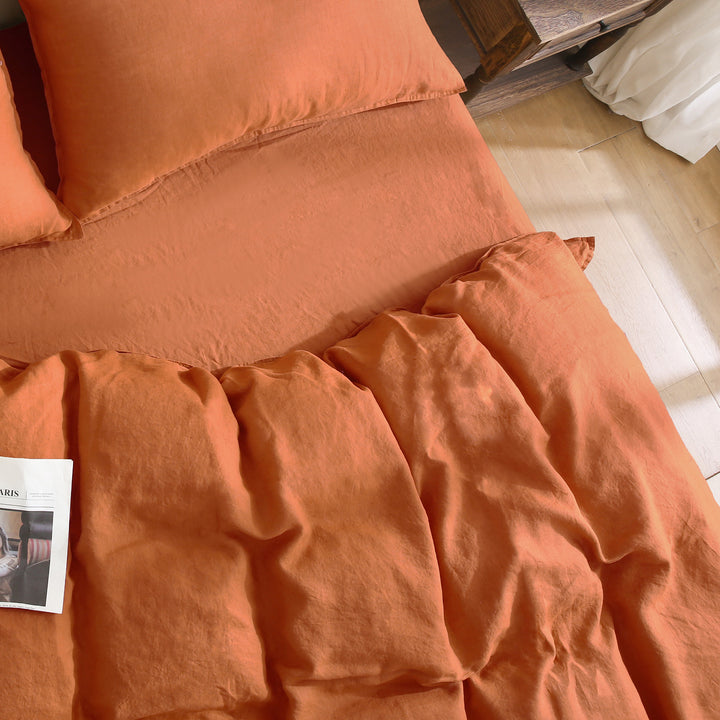 Cozy caramel linen duvet cover, breathable and lightweight for year-round use.