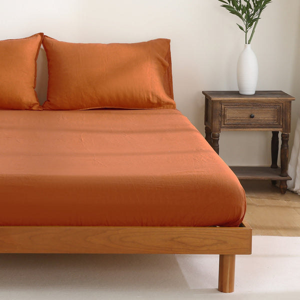 French Linen Fitted Sheet - Pumpkin Fitted Sheet Only