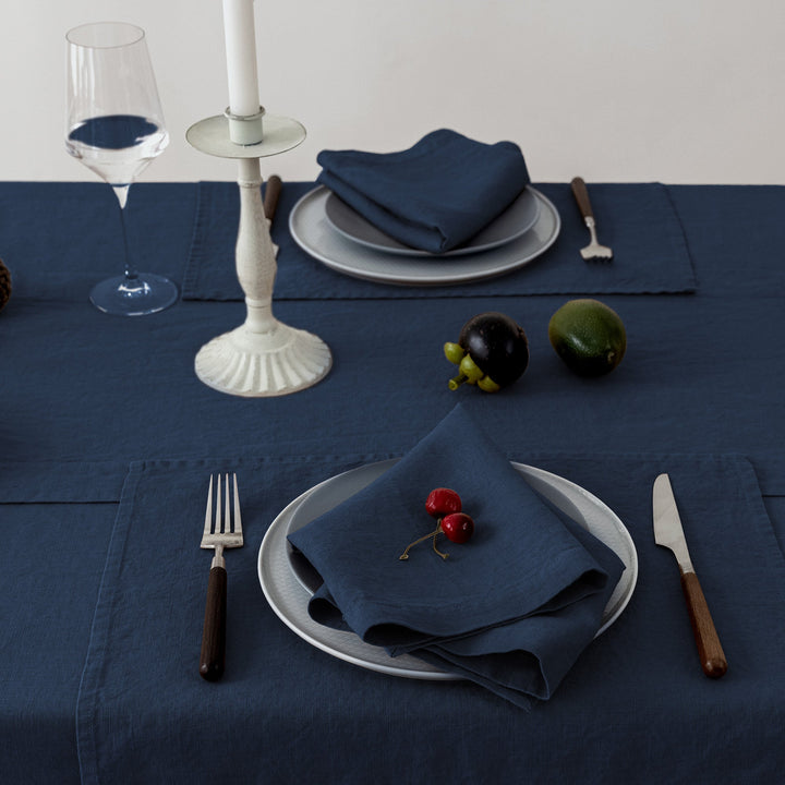 Handcrafted navy linen napkin, machine-washable and designed for high-end restaurants.